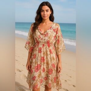 TAMSY Cream Floral Chiffon Kaftan Cover Up One Size Boho Beach Kimono